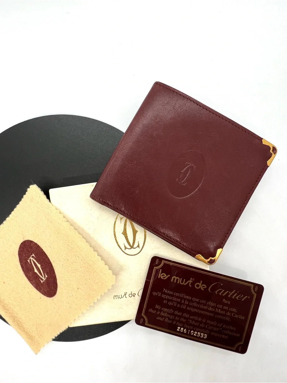 Cartier Burgundy Leather Bifold Card & Key Holder with Gold Corners
